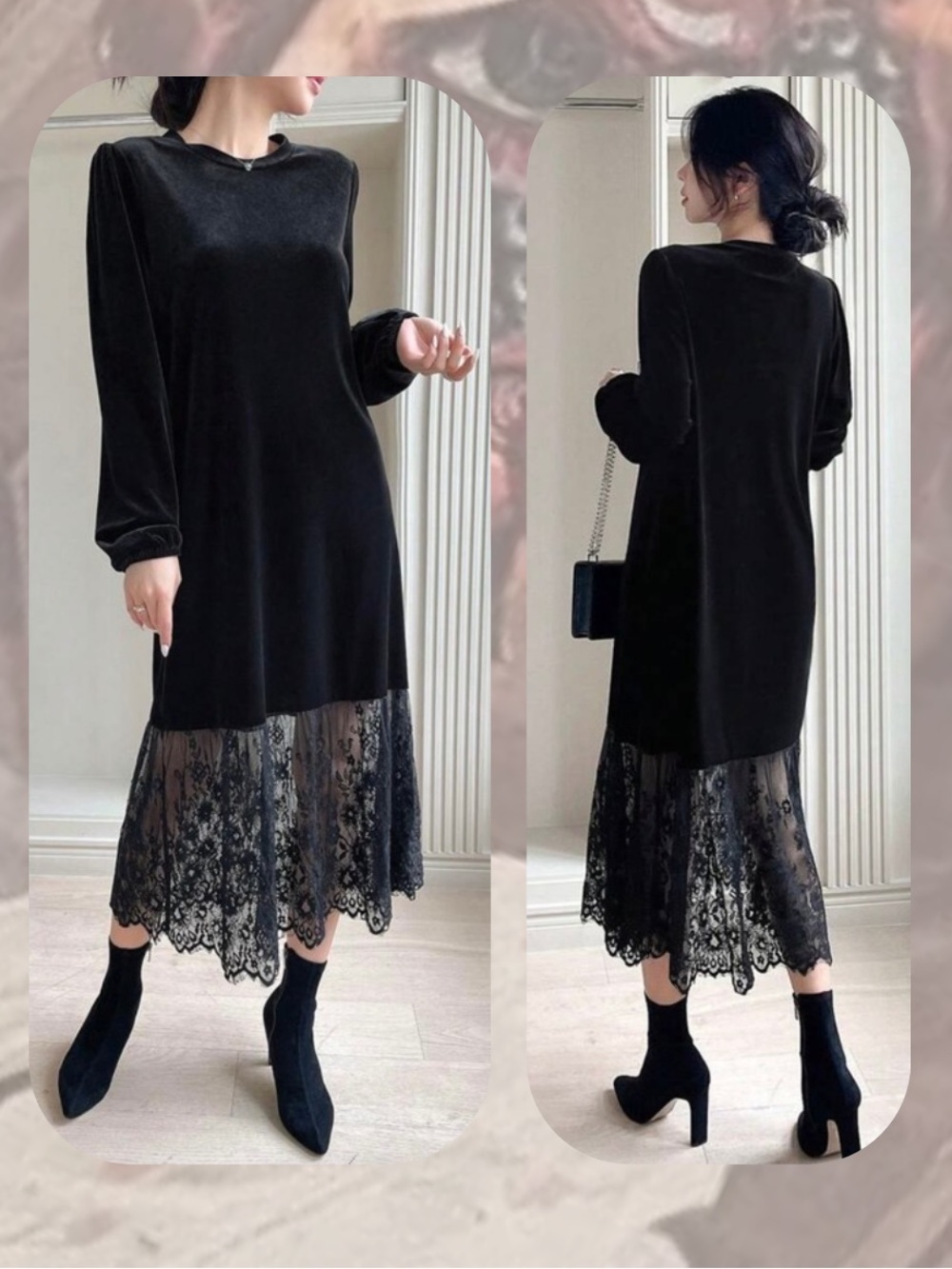 Black Velvet Contrast Lace Trim Hem Long Sleeve Maxi Midi Dress